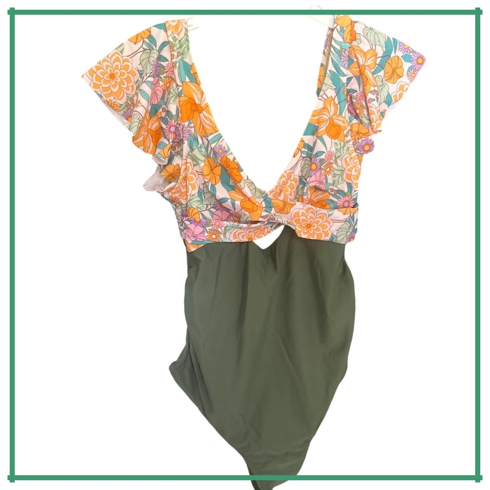 Cupshe Women‎ Floral Ruffle One Piece Swimsuit Olive Green V-Neck Cutout Sz. S